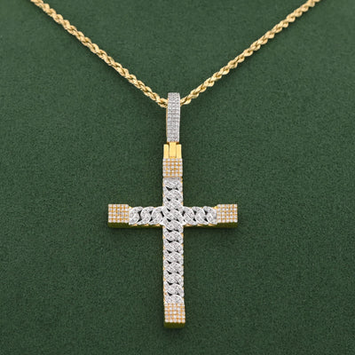 10K Yellow Gold Cuban Link Design Cross Pendant 7/8CT Natural Diamond Men Women Charm