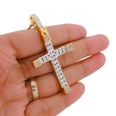 10K Yellow Gold Cuban Link Design Cross Pendant 7/8CT Natural Diamond Men Women Charm