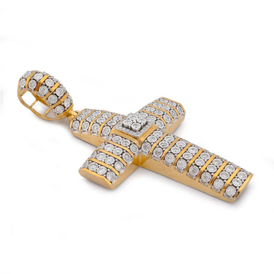 10K Yellow Gold Multi Row/Column Natural Diamond Illusion Natural Diamond 2CT Cross Charm Pendant