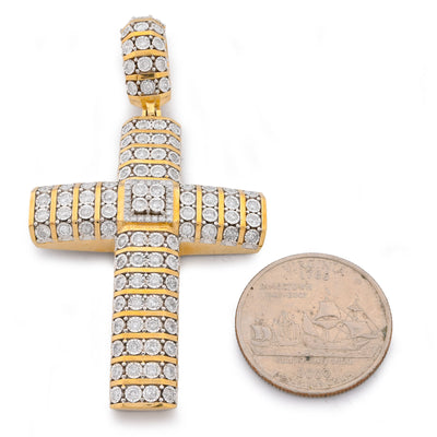 10K Yellow Gold Multi Row/Column Natural Diamond Illusion Natural Diamond 2CT Cross Charm Pendant
