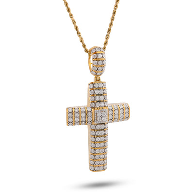 10K Yellow Gold Multi Row/Column Natural Diamond Illusion Natural Diamond 2CT Cross Charm Pendant