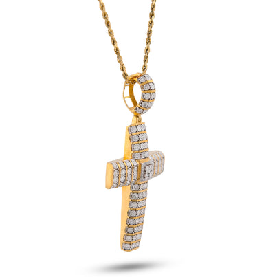 10K Yellow Gold Multi Row/Column Natural Diamond Illusion Natural Diamond 2CT Cross Charm Pendant
