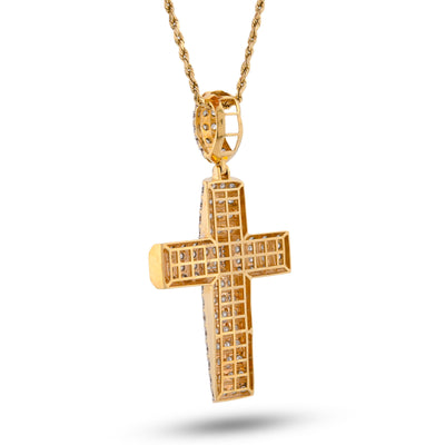 10K Yellow Gold Multi Row/Column Natural Diamond Illusion Natural Diamond 2CT Cross Charm Pendant