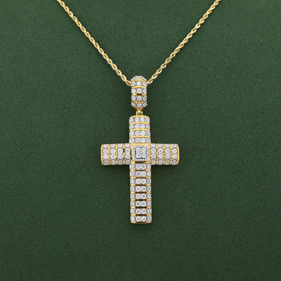 10K Yellow Gold Multi Row/Column Natural Diamond Illusion Natural Diamond 2CT Cross Charm Pendant