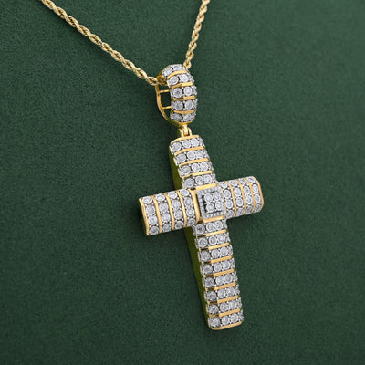10K Yellow Gold Multi Row/Column Natural Diamond Illusion Natural Diamond 2CT Cross Charm Pendant
