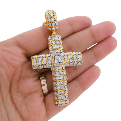 10K Yellow Gold Multi Row/Column Natural Diamond Illusion Natural Diamond 2CT Cross Charm Pendant