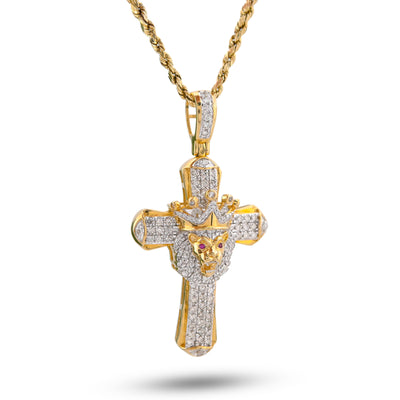 10K Yellow Gold 1CT Natural Diamond Cross Pendant Lion Face w/ Crown Centre Men Pendant