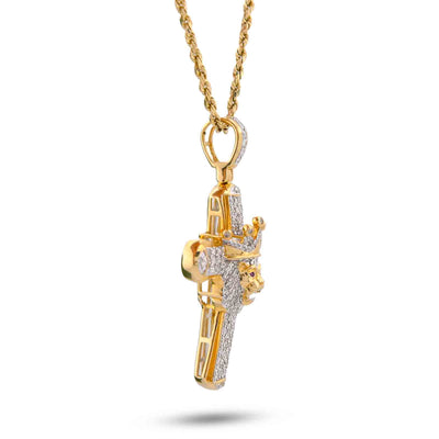 10K Yellow Gold 1CT Natural Diamond Cross Pendant Lion Face w/ Crown Centre Men Pendant