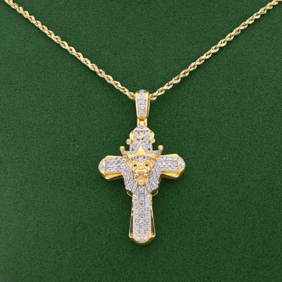 10K Yellow Gold 1CT Natural Diamond Cross Pendant Lion Face w/ Crown Centre Men Pendant