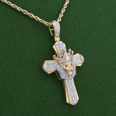 10K Yellow Gold 1CT Natural Diamond Cross Pendant Lion Face w/ Crown Centre Men Pendant