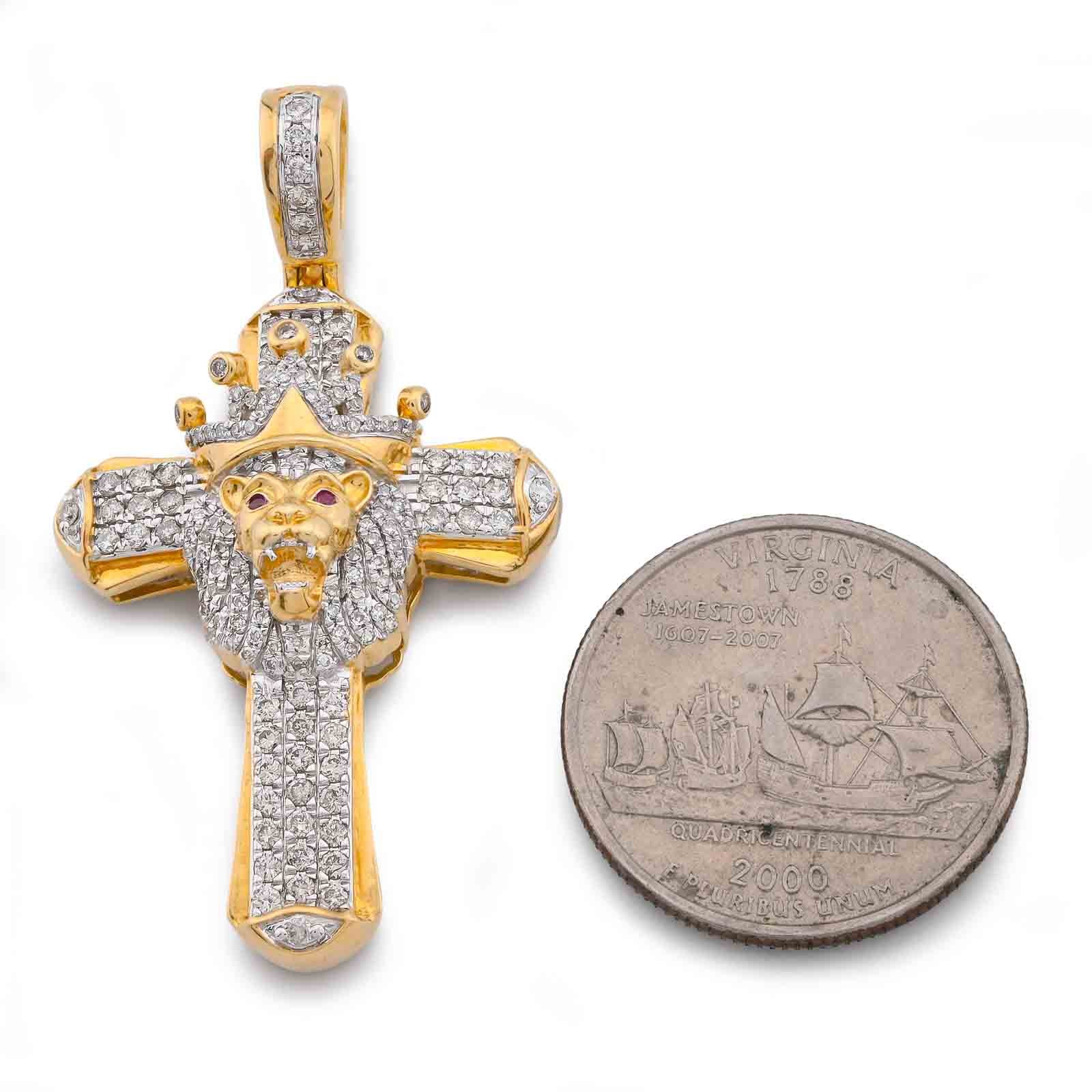 10K Yellow Gold 1CT Natural Diamond Cross Pendant Lion Face w/ Crown Centre Men Pendant
