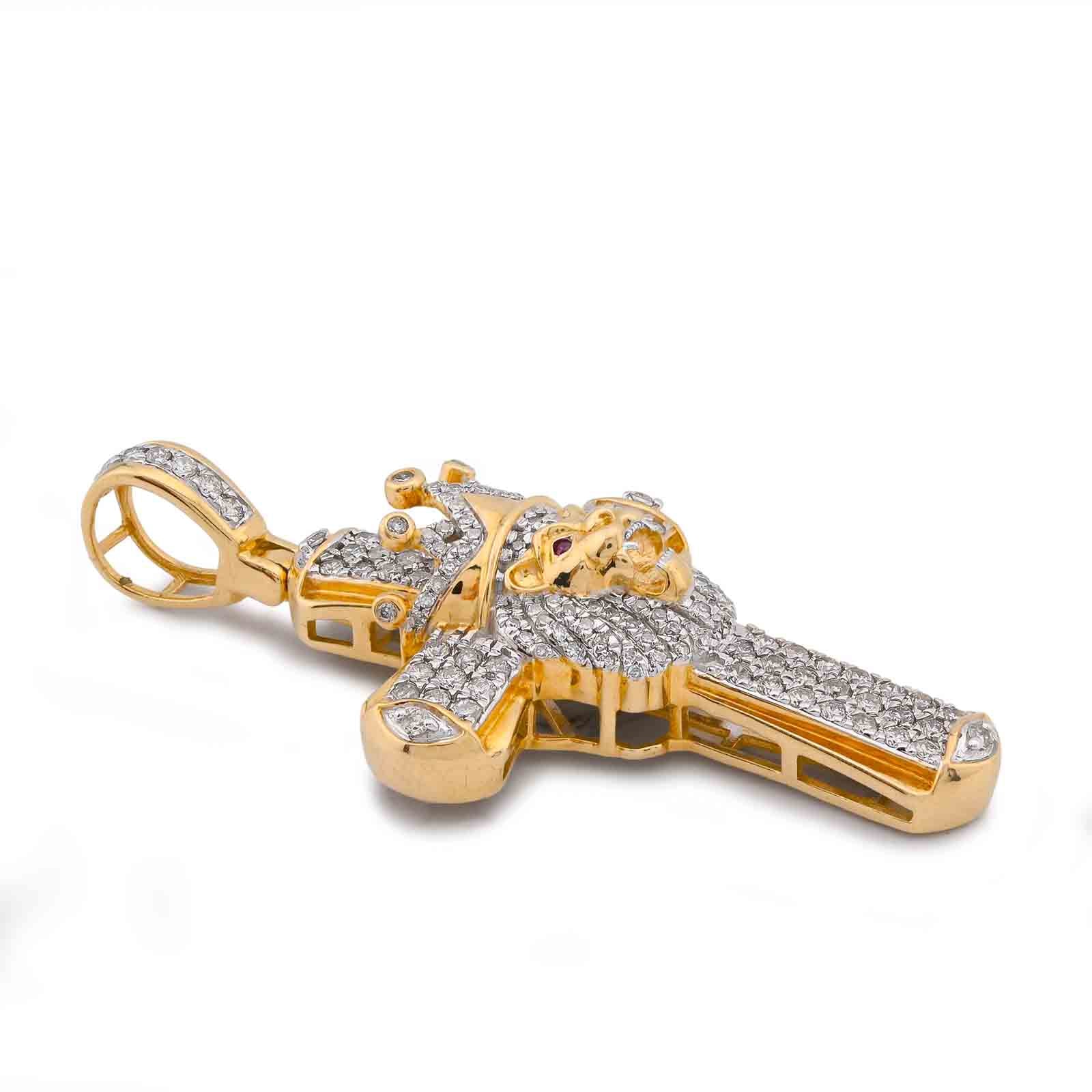 10K Yellow Gold 1CT Natural Diamond Cross Pendant Lion Face w/ Crown Centre Men Pendant