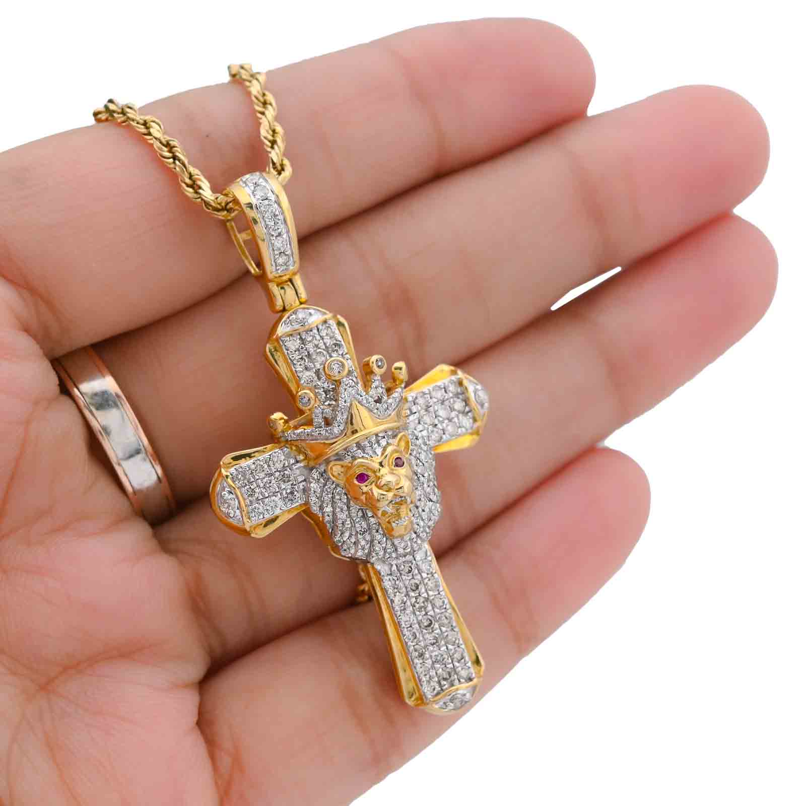 10K Yellow Gold 1CT Natural Diamond Cross Pendant Lion Face w/ Crown Centre Men Pendant