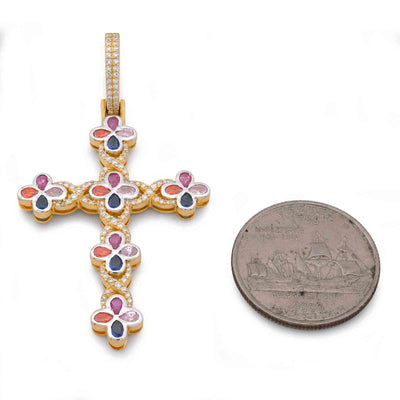 10K Yellow Gold 1.35CT Natural Diamond & Gemstone Clover Cross pendant Men Women Charm
