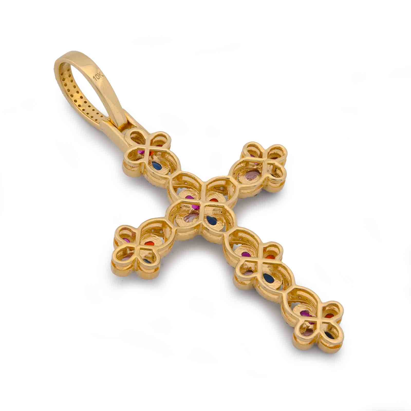 10K Yellow Gold 1.35CT Natural Diamond & Gemstone Clover Cross pendant Men Women Charm