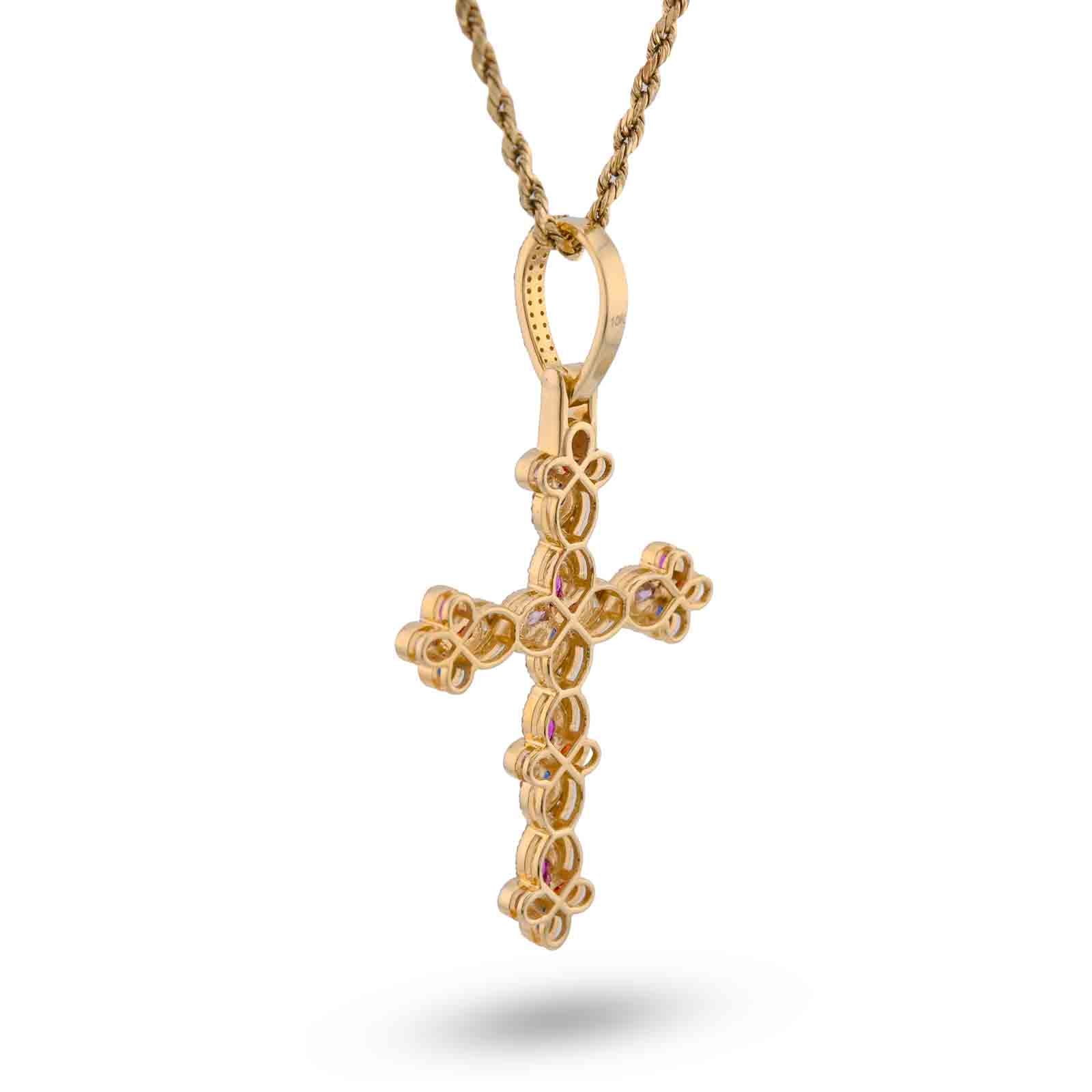10K Yellow Gold 1.35CT Natural Diamond & Gemstone Clover Cross pendant Men Women Charm