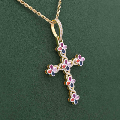 10K Yellow Gold 1.35CT Natural Diamond & Gemstone Clover Cross pendant Men Women Charm