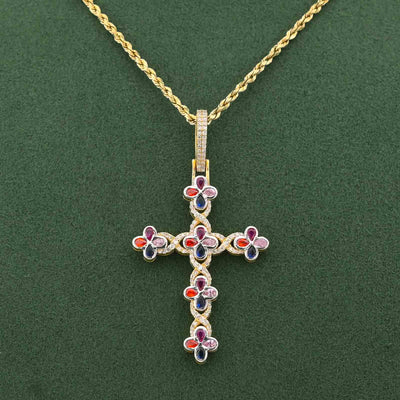 10K Yellow Gold 1.35CT Natural Diamond & Gemstone Clover Cross pendant Men Women Charm