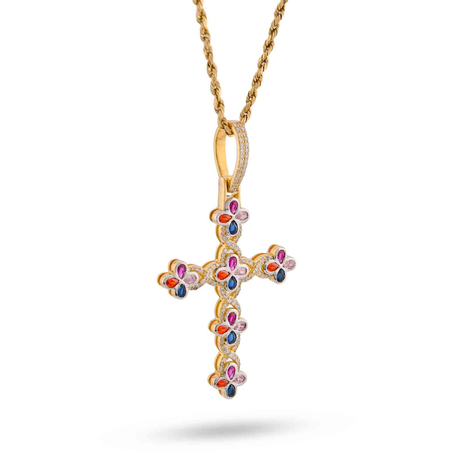 10K Yellow Gold 1.35CT Natural Diamond & Gemstone Clover Cross pendant Men Women Charm
