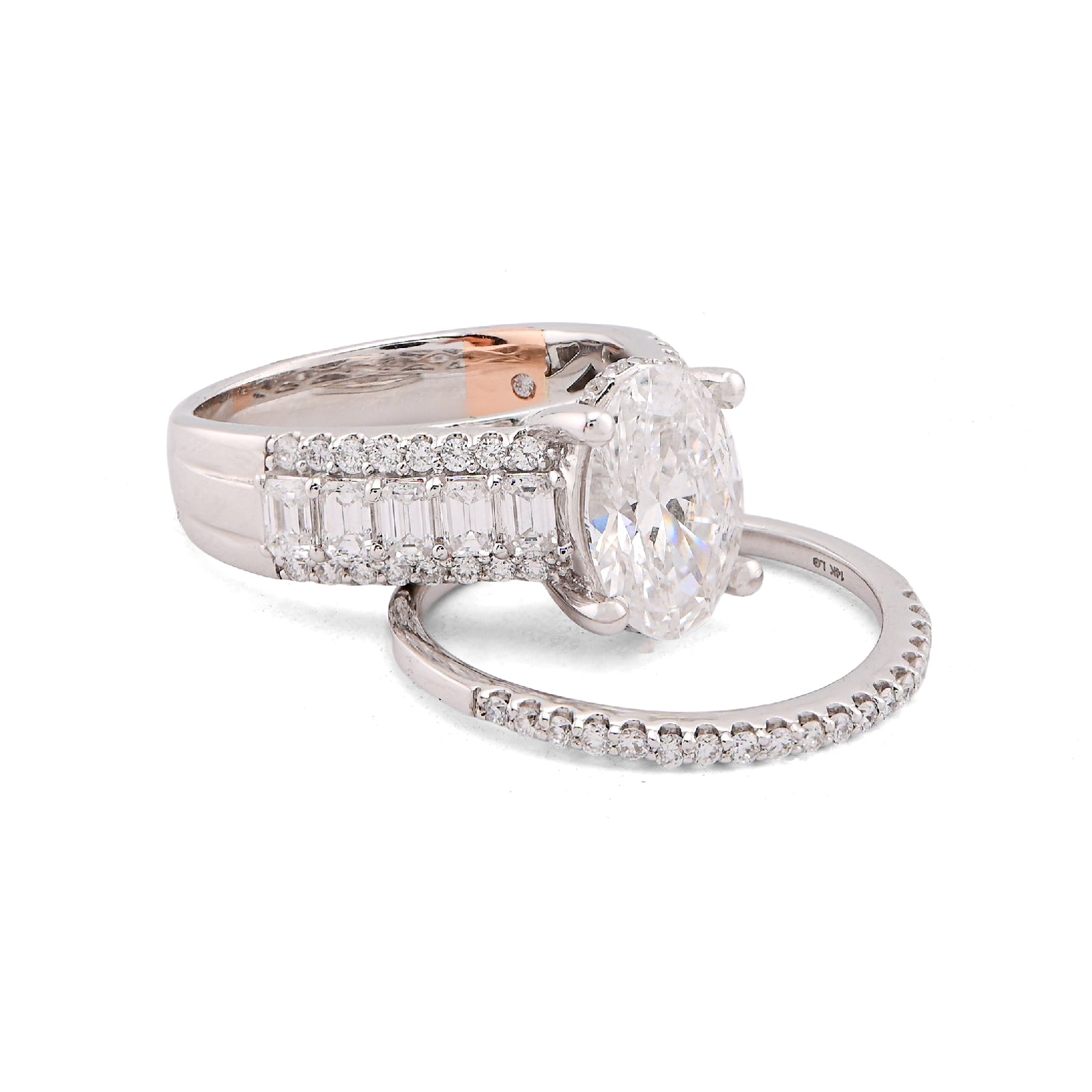 14K White Gold 3.10CT Oval Centre Solitaire Baguette/Round Lab Diamond Women Rings