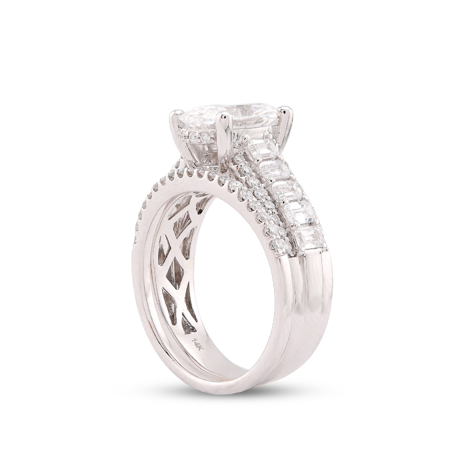 14K White Gold 3.10CT Oval Centre Solitaire Baguette/Round Lab Diamond Women Rings