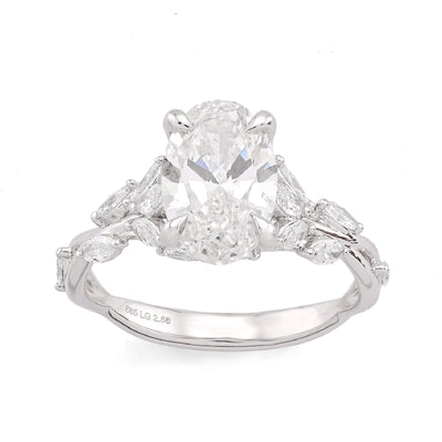 14K White Gold 2.58CT Oval Centre Solitaire Leaf Designed Marquise Lab Diamond Women Ring