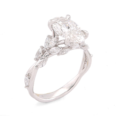 14K White Gold 2.58CT Oval Centre Solitaire Leaf Designed Marquise Lab Diamond Women Ring