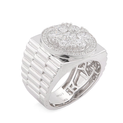 10K White Gold 3.17CT Flower Cluster Centre Halo Men President's Lab Diamond Pinky Ring