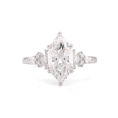 14K White Gold 2.39CT Marquise Centre Solitaire Pear/Round Lab Diamond Flower Side Women Ring