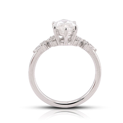 14K White Gold 2.39CT Marquise Centre Solitaire Pear/Round Lab Diamond Flower Side Women Ring