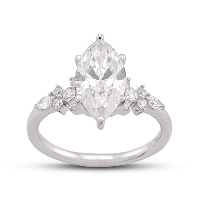 14K White Gold 2.39CT Marquise Centre Solitaire Pear/Round Lab Diamond Flower Side Women Ring