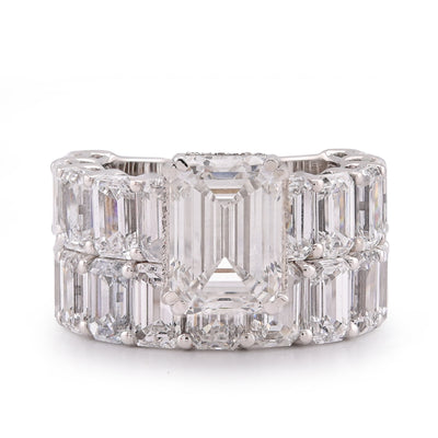 14K White Gold 16.95CT Emerald Solitaire Centre and Side Women Lab Diamond Ring with Band