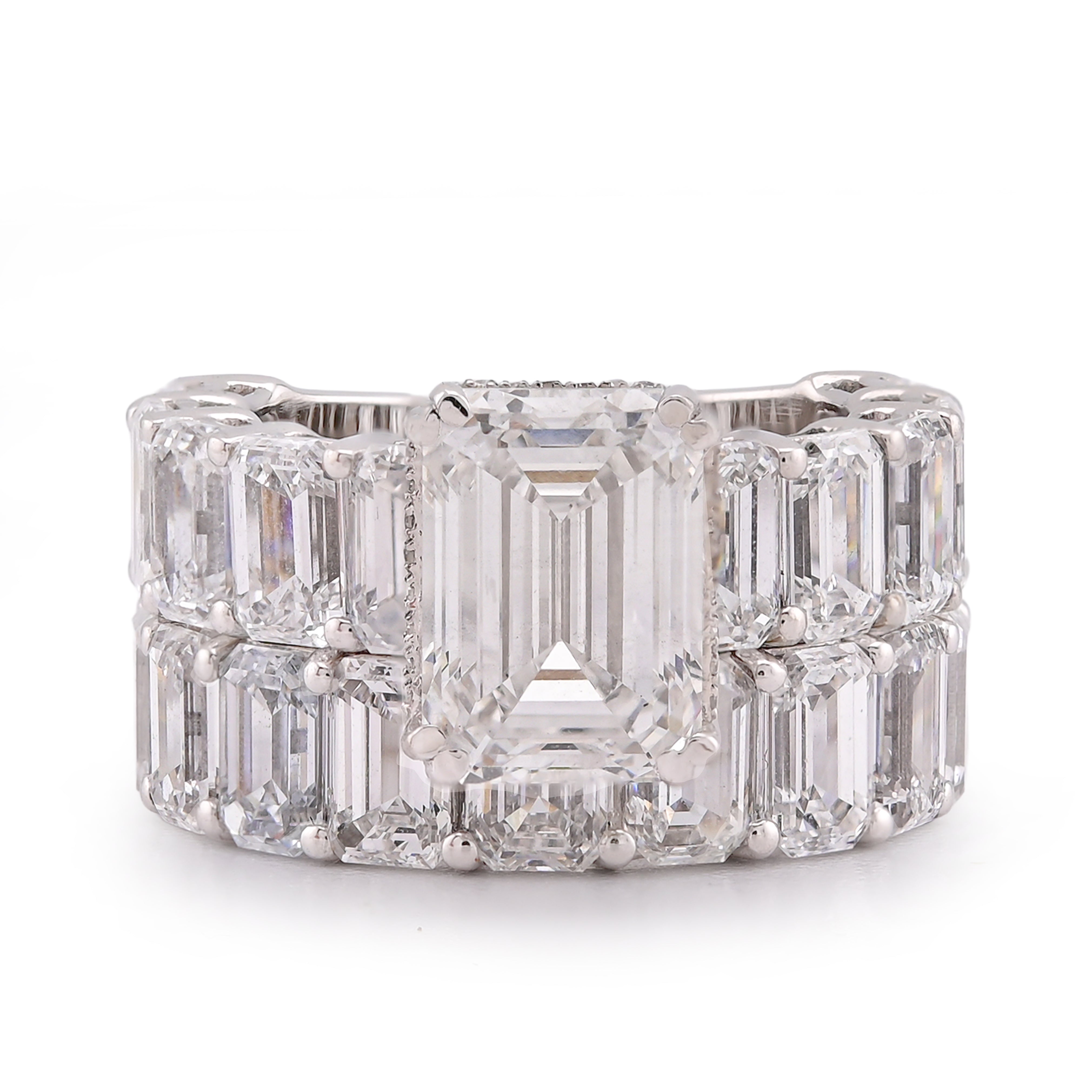 14K White Gold 16.95CT Emerald Solitaire Centre and Side Women Lab Diamond Ring with Band