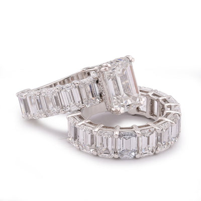14K White Gold 16.95CT Emerald Solitaire Centre and Side Women Lab Diamond Ring with Band