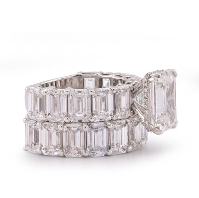 14K White Gold 16.95CT Emerald Solitaire Centre and Side Women Lab Diamond Ring with Band