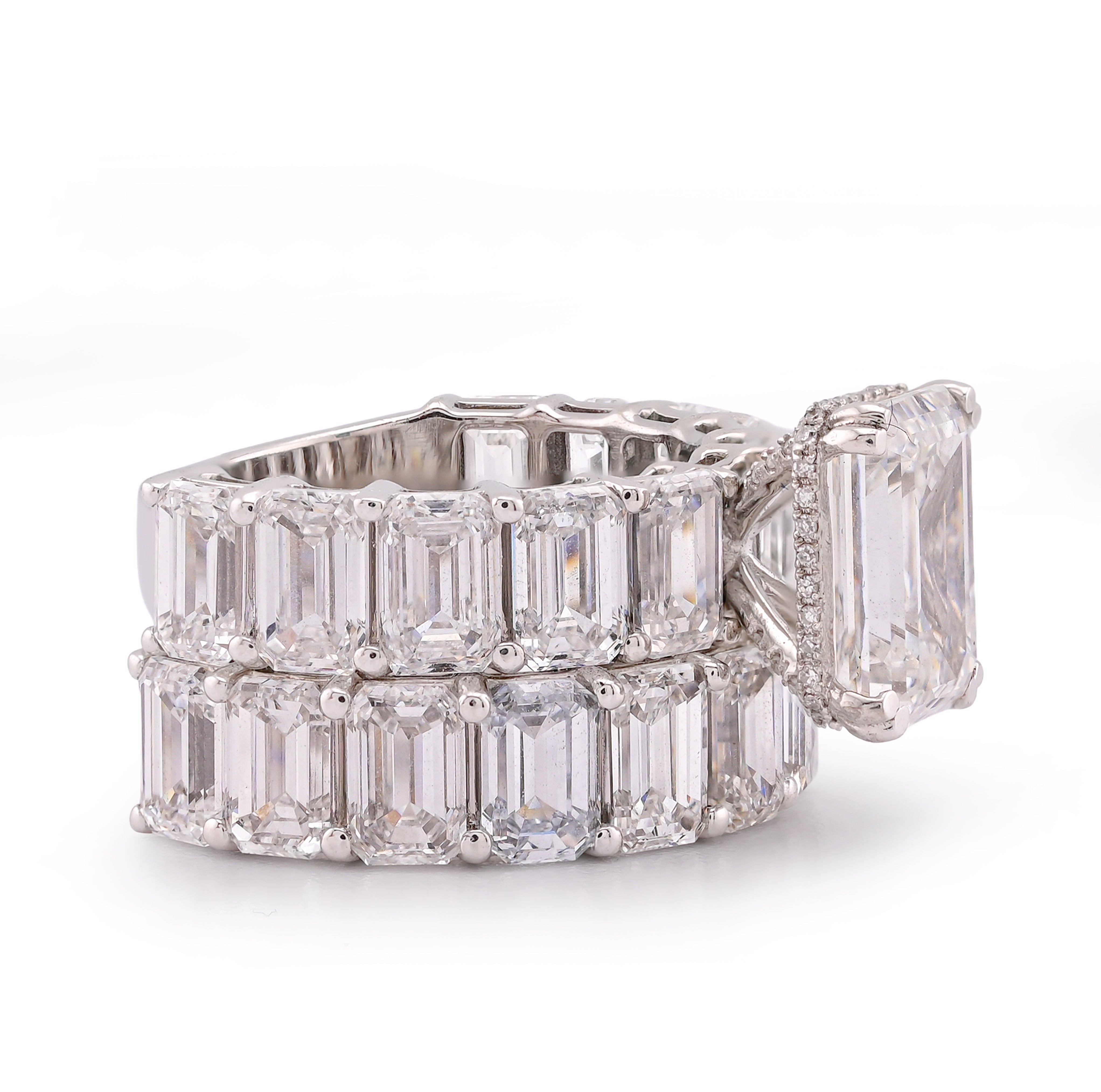 14K White Gold 16.95CT Emerald Solitaire Centre and Side Women Lab Diamond Ring with Band