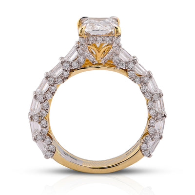14K Yellow Gold 4.75CT Radiant Solitaire Centre Emerald Side Designer Lab Diamond Women Ring with Band