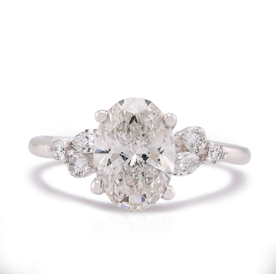 14K White Gold 2.25CT Oval Solitaire Centre Marquise/Round Side Lab Diamond Women Ring