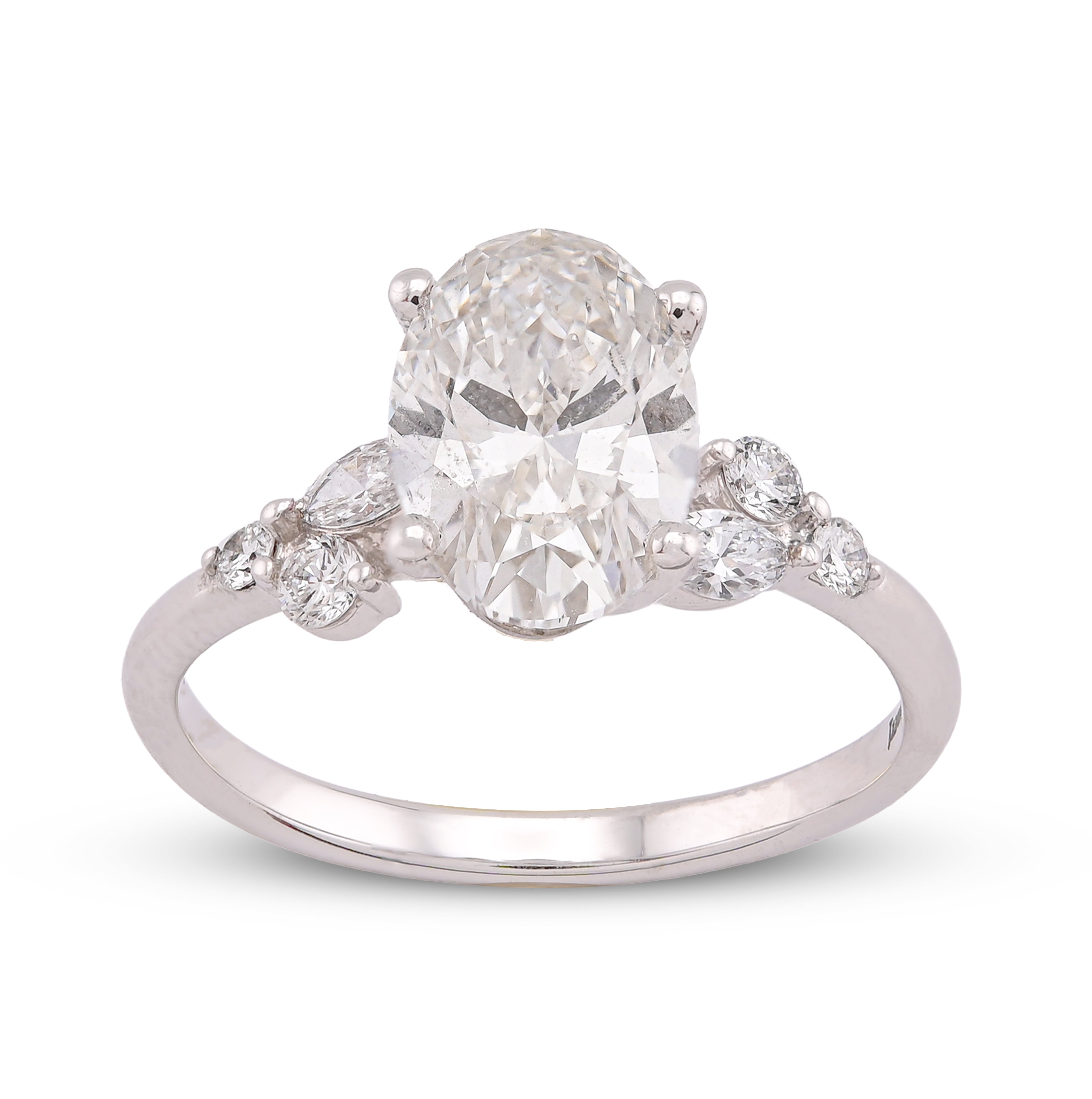 14K White Gold 2.25CT Oval Solitaire Centre Marquise/Round Side Lab Diamond Women Ring