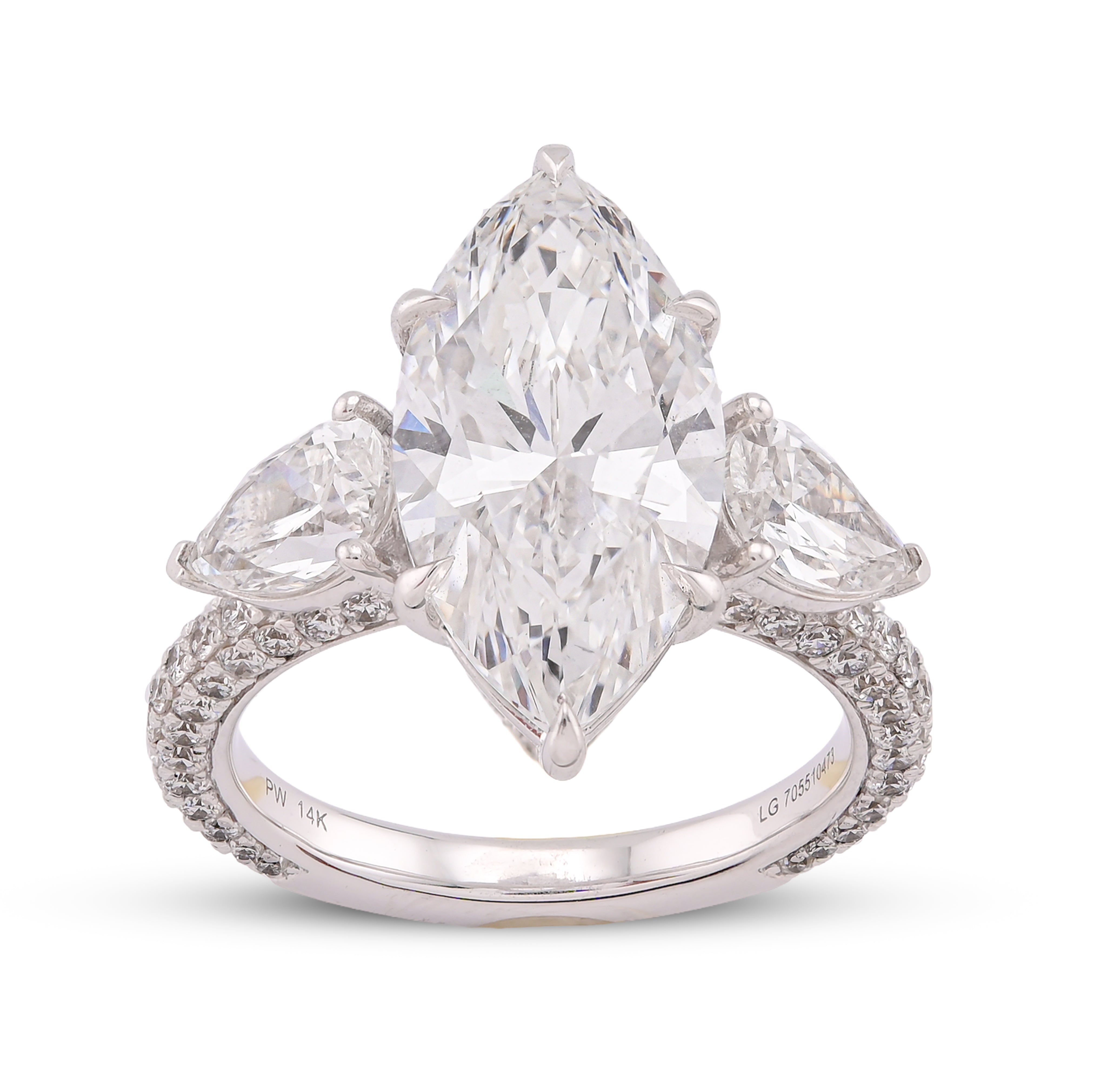 14K White Gold 7.48CT Marquise Centre Solitaire Pear Side Flower Shape Lab Diamond Women ring