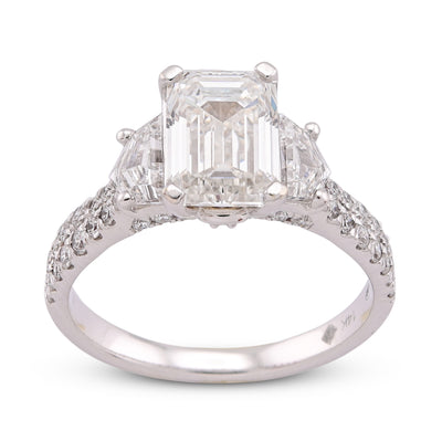 14K White Gold 3.25CT Emerald Solitaire Radiant/Round Side Lab Diamond Women Ring