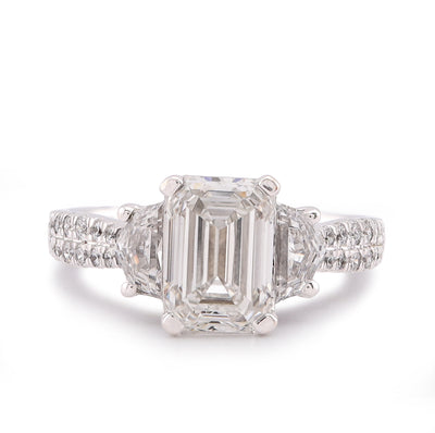 14K White Gold 3.25CT Emerald Solitaire Radiant/Round Side Lab Diamond Women Ring