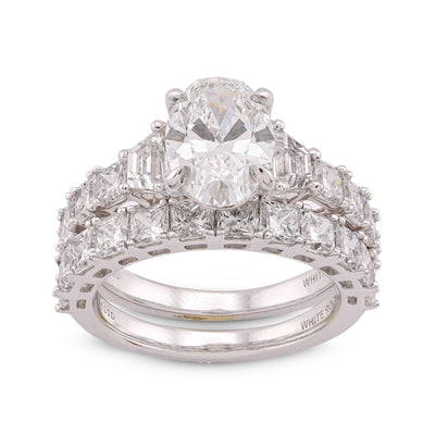 14K White Gold 5.36CT Radiant Side Oval Solitaire Centre Lab Diamond Women Ring with Band