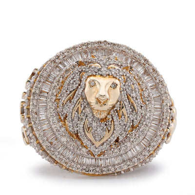 10K Yellow Gold 2.98CT Round/Baguette Natural Diamond Lion Head/Paws Round Shape Men Pinky Ring
