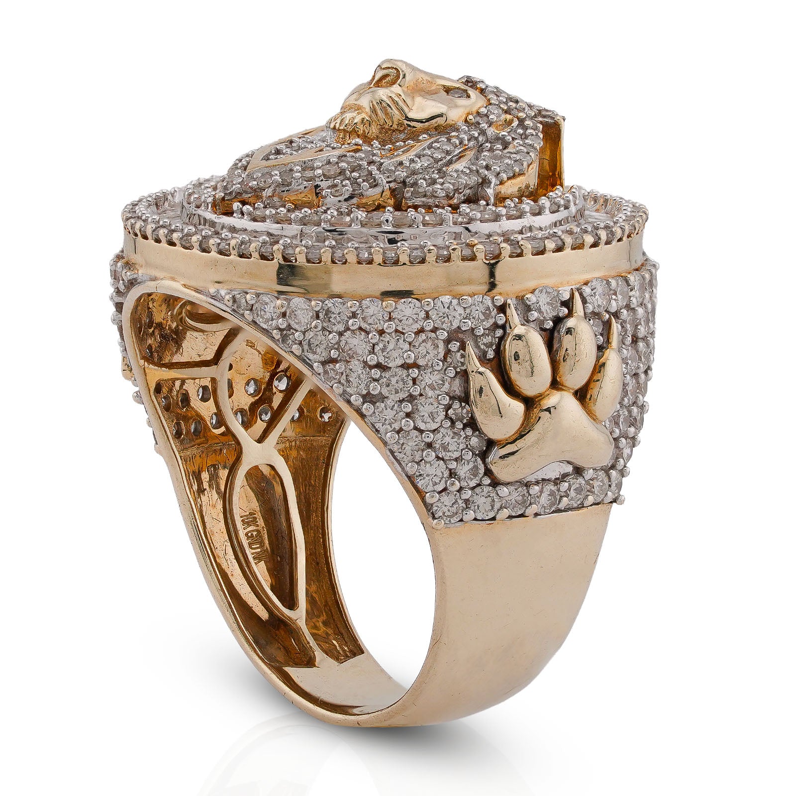 10K Yellow Gold 2.98CT Round/Baguette Natural Diamond Lion Head/Paws Round Shape Men Pinky Ring