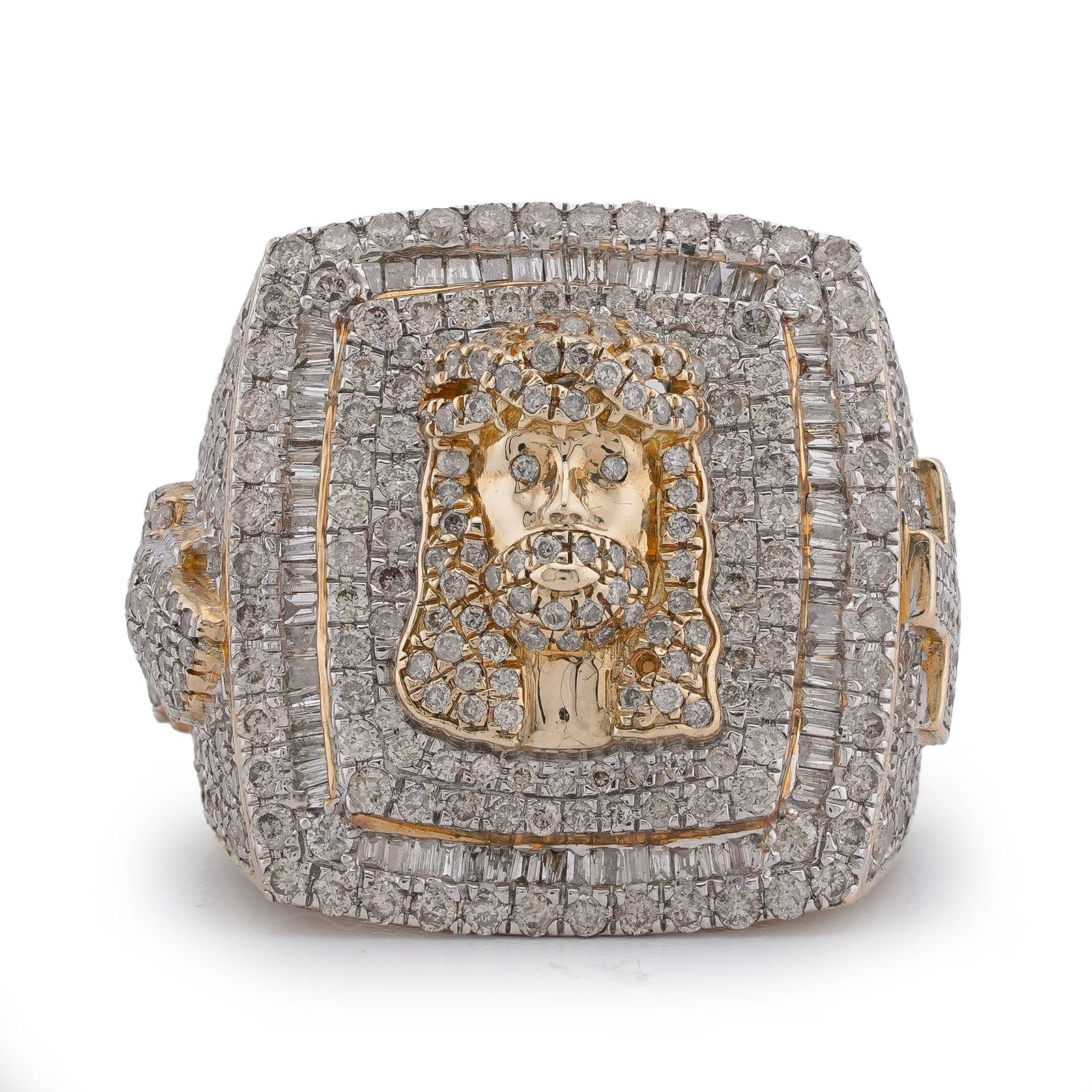 10K Yellow Gold Rectangular Shape Jesus Head w/ Cross Baguette Natural Diamond Men Pinky Ring