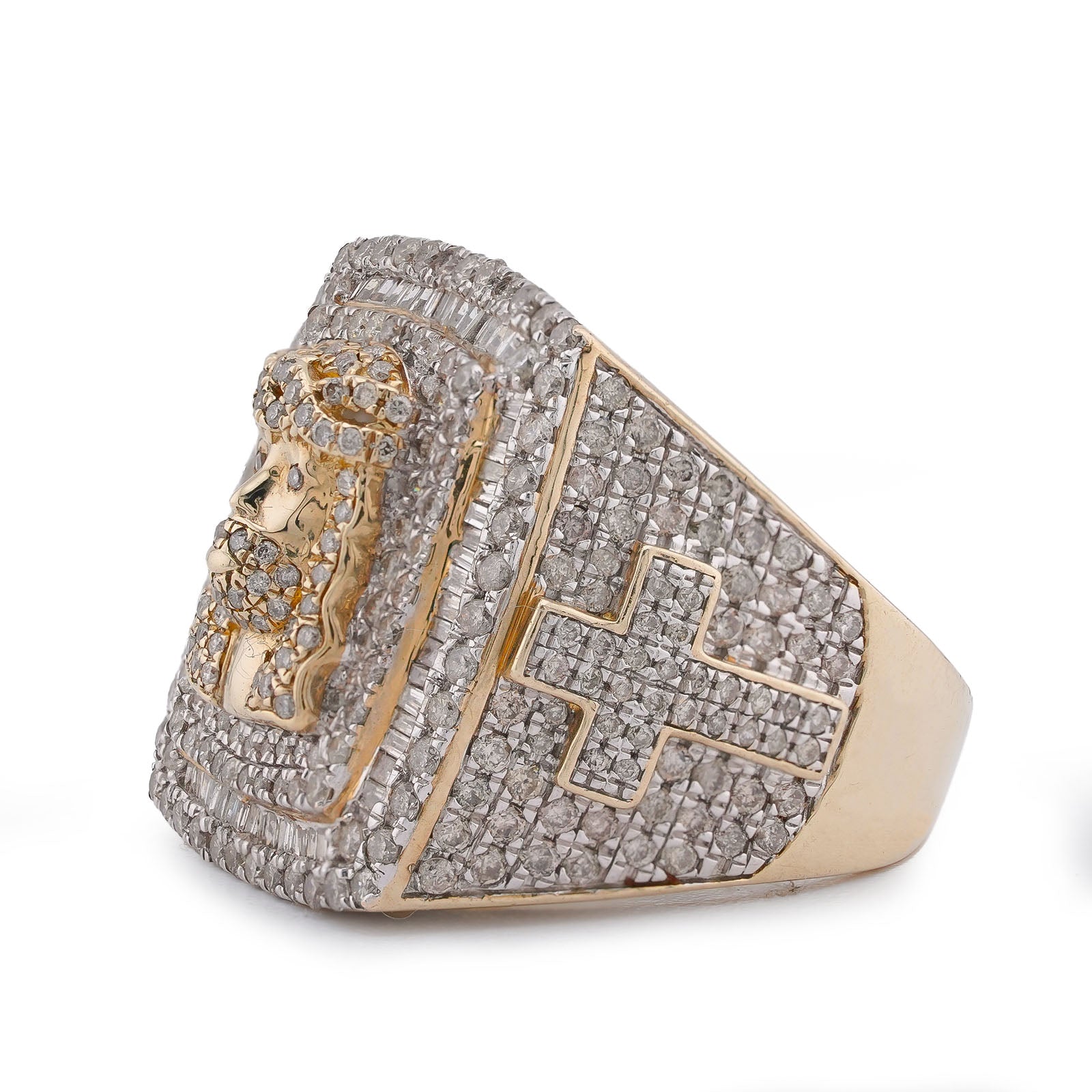10K Yellow Gold Rectangular Shape Jesus Head w/ Cross Baguette Natural Diamond Men Pinky Ring