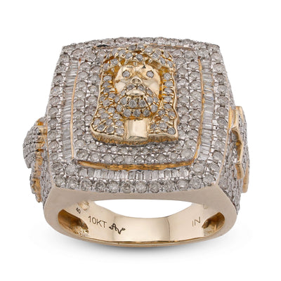 10K Yellow Gold Rectangular Shape Jesus Head w/ Cross Baguette Natural Diamond Men Pinky Ring
