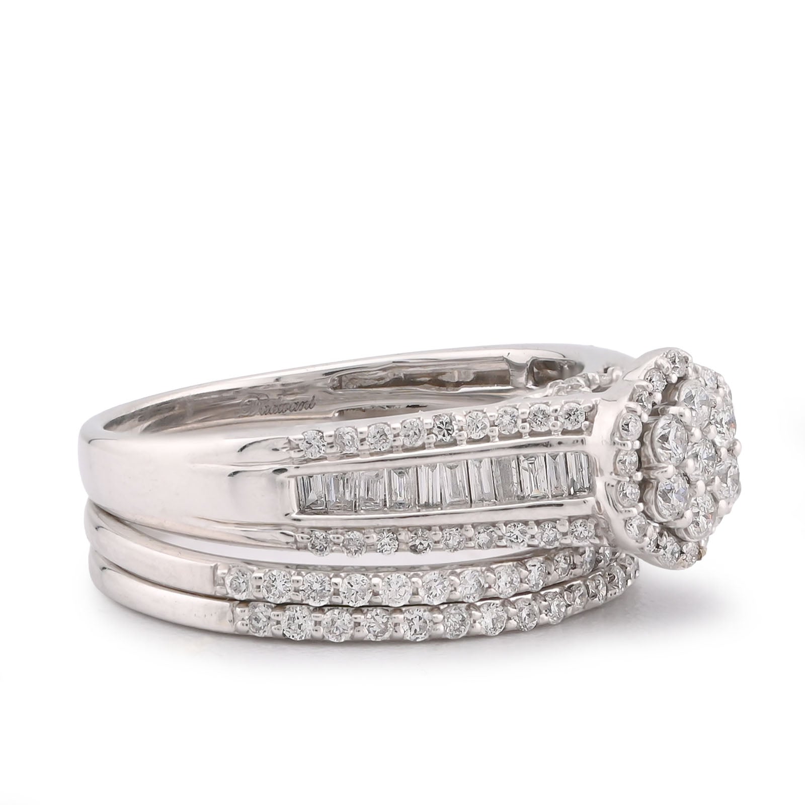 14K White Gold 1CT Natural Diamond Flower Cluster Centre Halo Baguette Women Wedding Ring w/ Band