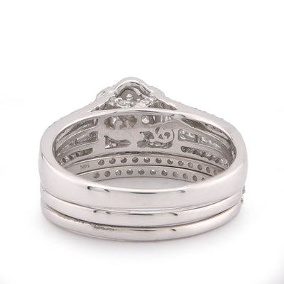 14K White Gold 1CT Natural Diamond Flower Cluster Centre Halo Baguette Women Wedding Ring w/ Band